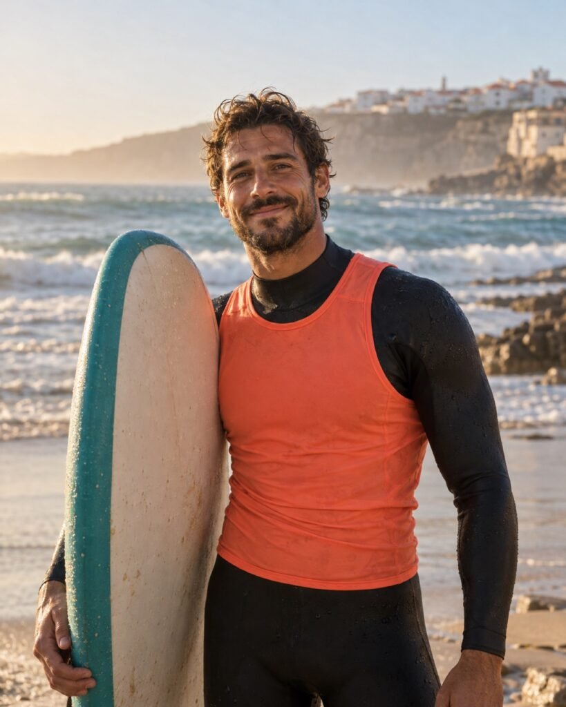 Tiago Serra, instrutor de surf, com a prancha na praia da Ericeira