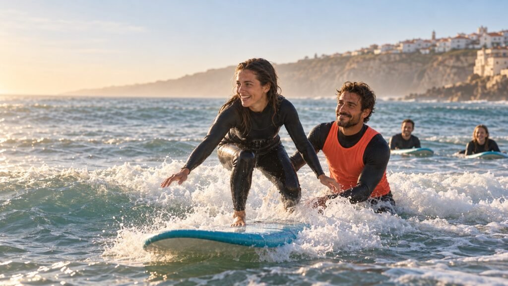Aluna a pôr-se de pé na prancha com a ajuda do Tiago na Ericeira