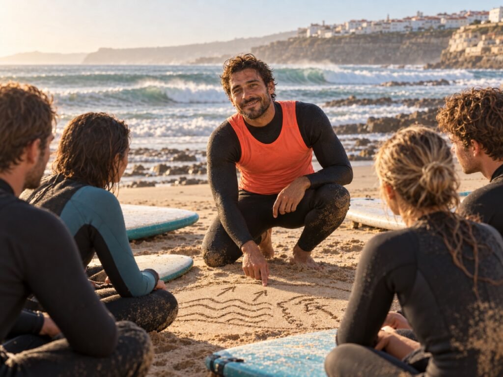 Grupo sentado na areia a ouvir o Tiago explicar as ondas