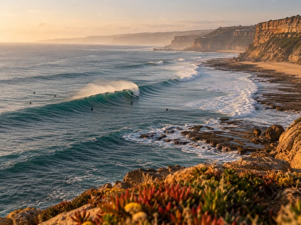 Ribeira d'Ilhas vista da falésia, com surfistas na onda
