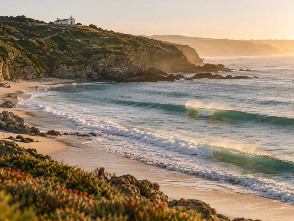 Baía de São Lourenço, a norte da Ericeira, com a capela no monte