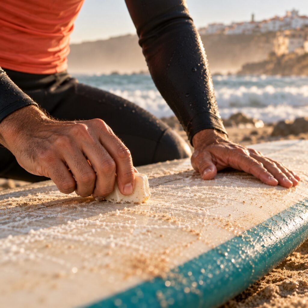 Mãos a encerar a prancha de surf